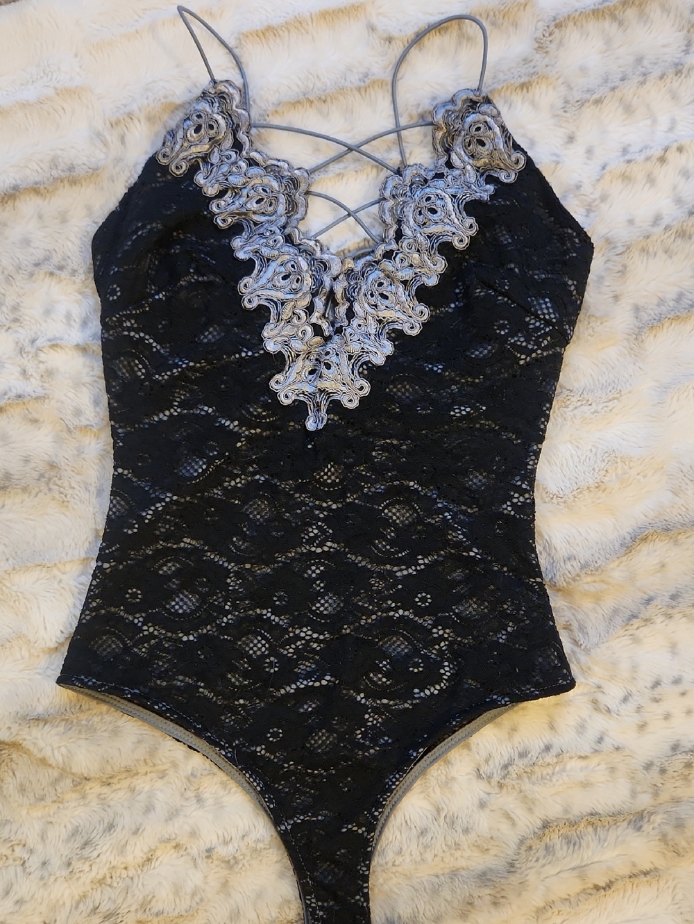 Windsor Black Lace Bodysuit with Silver Trim